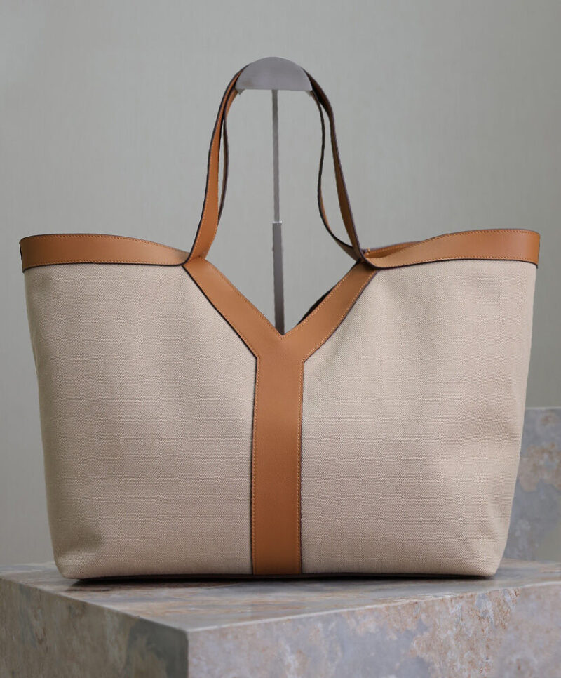 Saint Laurent Y Leather And Canvas Tote Bag Coffee
